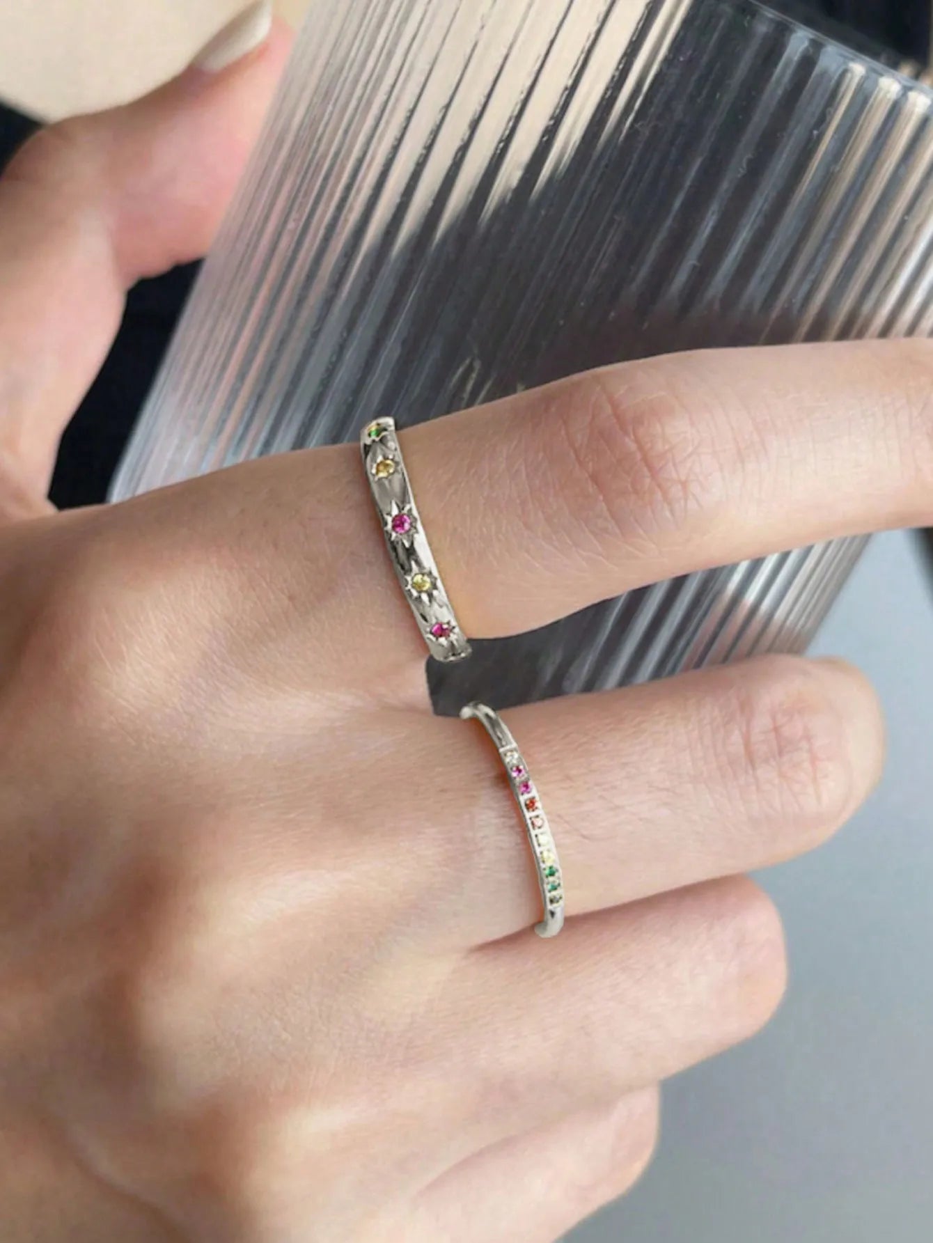 2pcs/Set Colorful Cubic Zirconia Gold-Tone Waterproof Star Rings Set, Jewelry Gift  double rings for friend  jewelry Y2k fashion