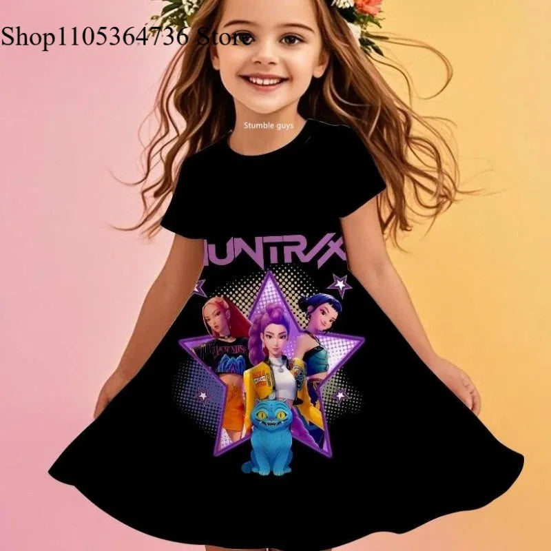 Kpop Demon Hunters Girls Toddler Dress Summer Kids Cartoon Anime Princess Beach Outfit Casual Nightgown