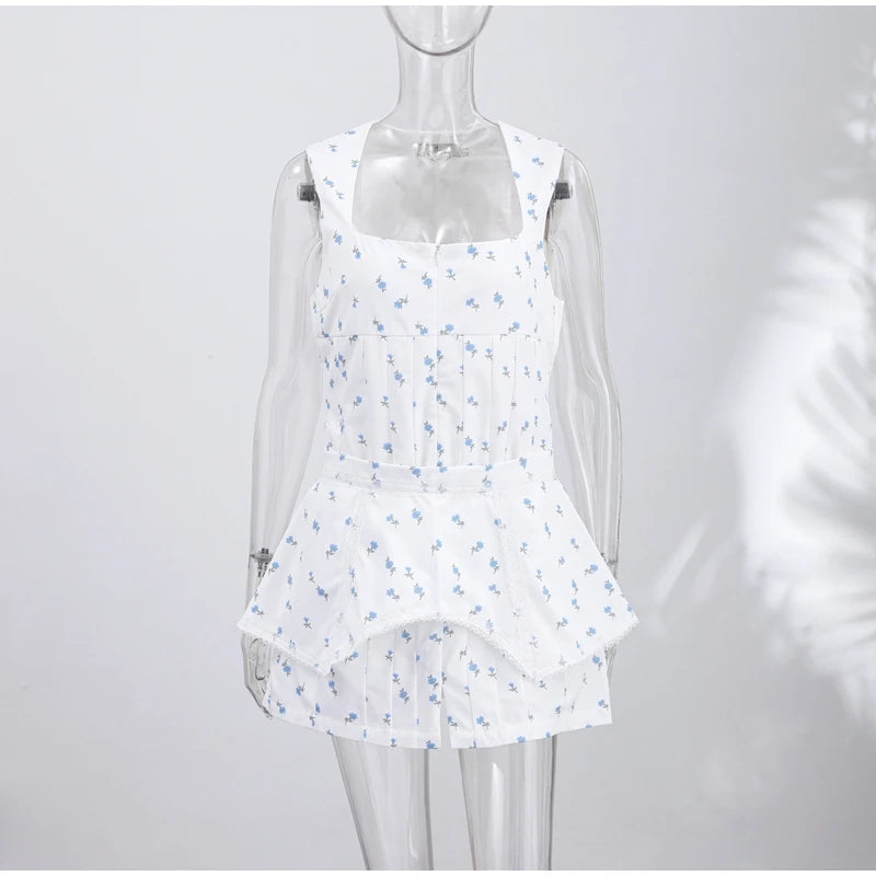 Elegant Printed Women's Dress Sleeveless Square Collar Waist-Closed Lady Mini Dresses With Waist Tape 2026 Summer Female Robe