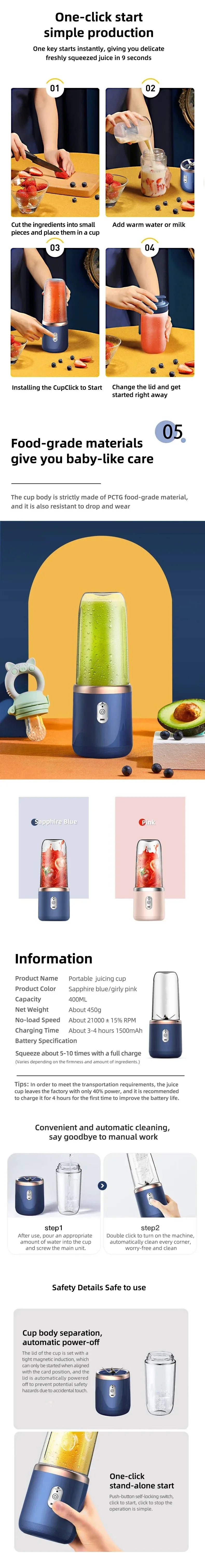 Portable USB Electric Blender & Juicer Cup – 400ml Smoothie Maker