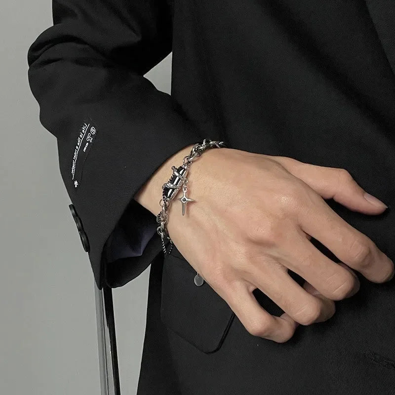 Men Bracelet 2024 Retro Black Zircon Star Chain Women Stainless Steel Punk Bracelets on Hand Unisex Jewelry Couple Accessories