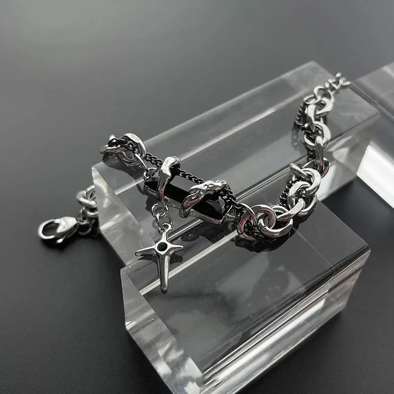Men Bracelet 2024 Retro Black Zircon Star Chain Women Stainless Steel Punk Bracelets on Hand Unisex Jewelry Couple Accessories