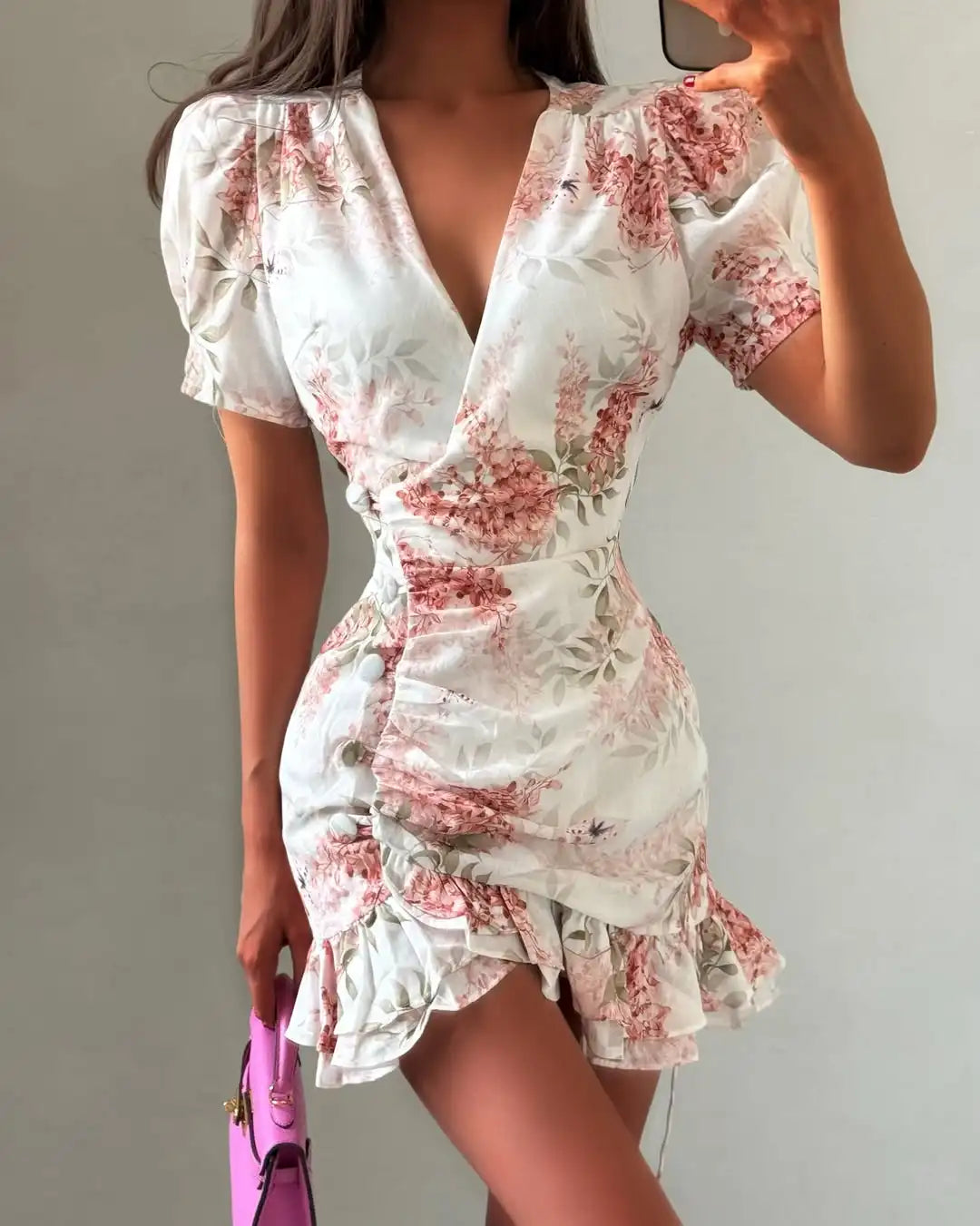 Elegant Print Low-cut Ruffle Short Dress Women V-neck Short-sleeved Waist Cinching Pleated Mini Dresses Casual Party Vestidos