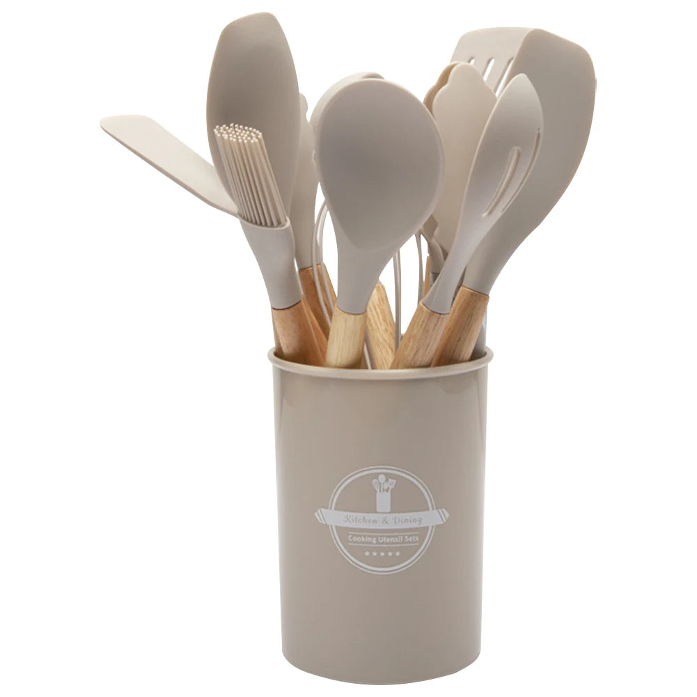 12Pcs Kitchen Utensil Set Cooking Tools Kit Wooden Handle Non-Stick Spatula Set Spatula Spoon Brush Whisk Kitchen Supplies