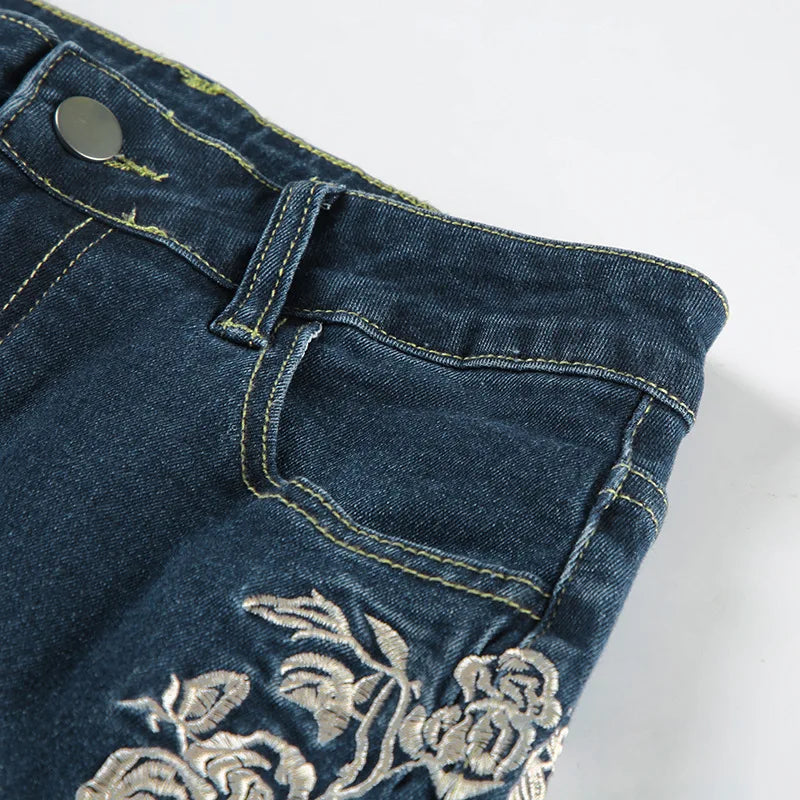Women Retro Y2k Jeans Baggy Floral Embroidery Jeans Vintage 2000s Low Rise Flared Denim Pants High Street Basic Trousers