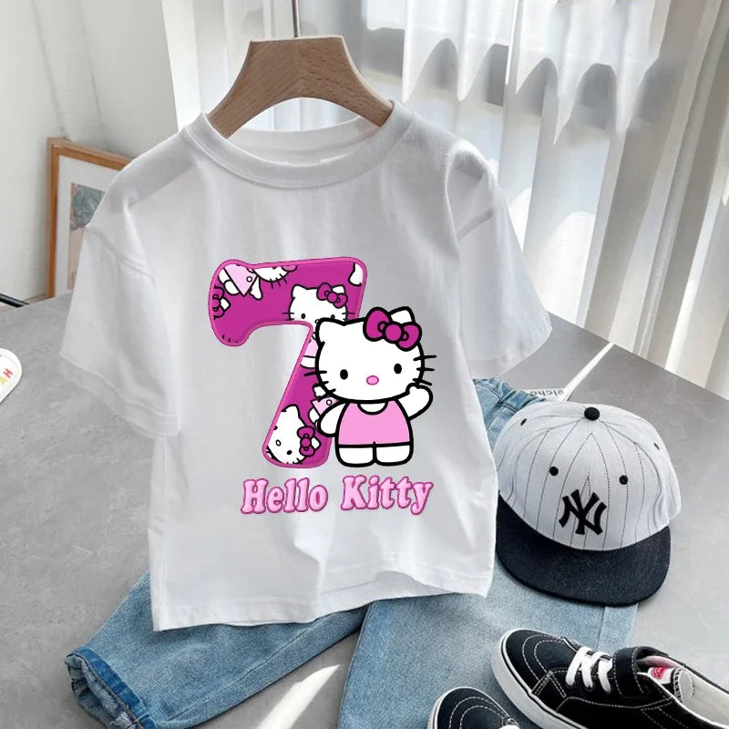 Hello Kitty Children Birthday Number 1-9 T-shirt Party Supply Gift Sanrio Cartoon Clothes Baby Tops Summer Short Sleeve T-shirts