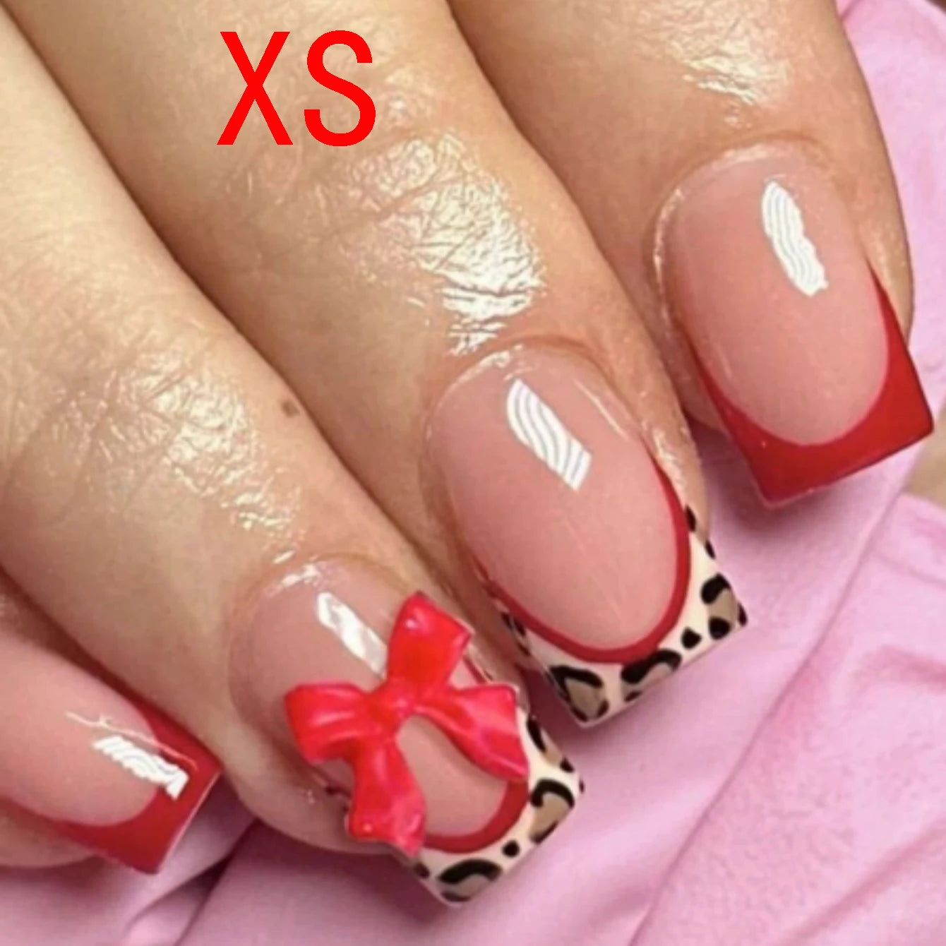 10-Piece Leopard Print Red Bow Press-On Nails – Short Square Glossy Acrylic False Nails
