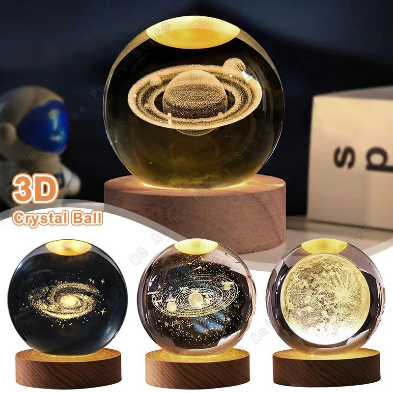 3D Crystal Ball Galaxy Night Light – Saturn & Moon Planet LED Bedside Lamp Gift