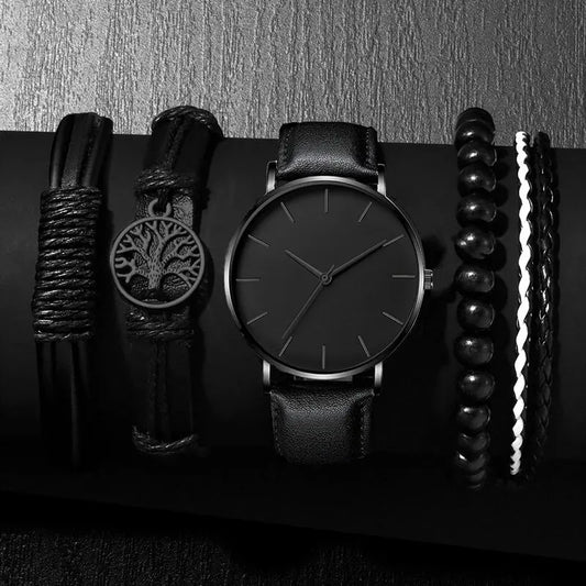 5-Piece Men's Quartz Sports Watch Set – Business Wristwatch with Leather Bracelet