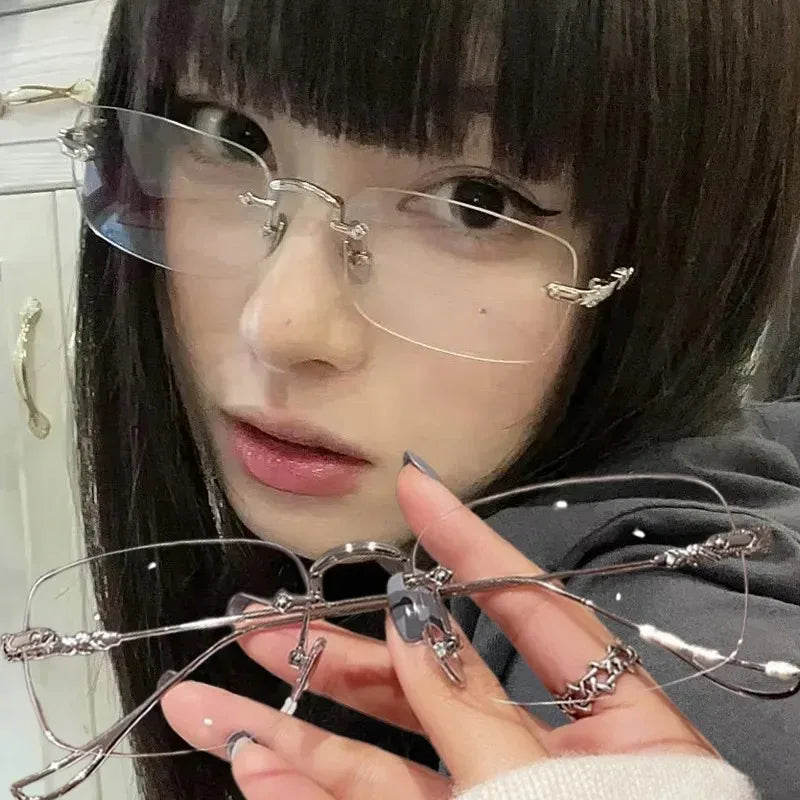 Square Rimless Eyeglasses Women Men Blue Light Blocking Glasses Designer Retro Shade Eyewear UV400 Silver Computer Glasses