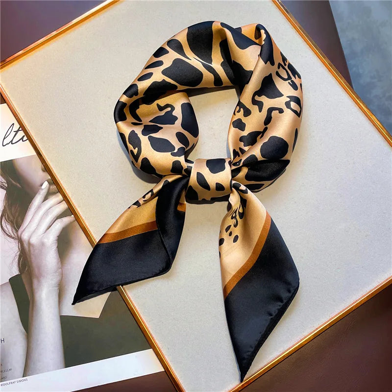 Luxury Brand Women Leopard Print Square Hijab Scarf Soft Satin Silk-like Small Neck Scarf Stylish Casual Headscarf
