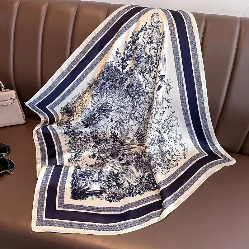 1pcs 70cm Plant-printed Scarf Women Simulated Silk Elegant and Versatile Headwear Bag Clothing and Accessories Square Scarf