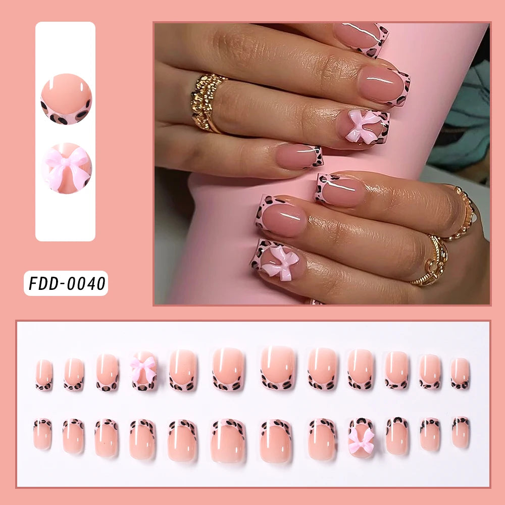 24Pcs White French Press On Nails 3D Bow Design Full Cover Wearable False Nails Short Square Head Ballet Fake Nails 2030