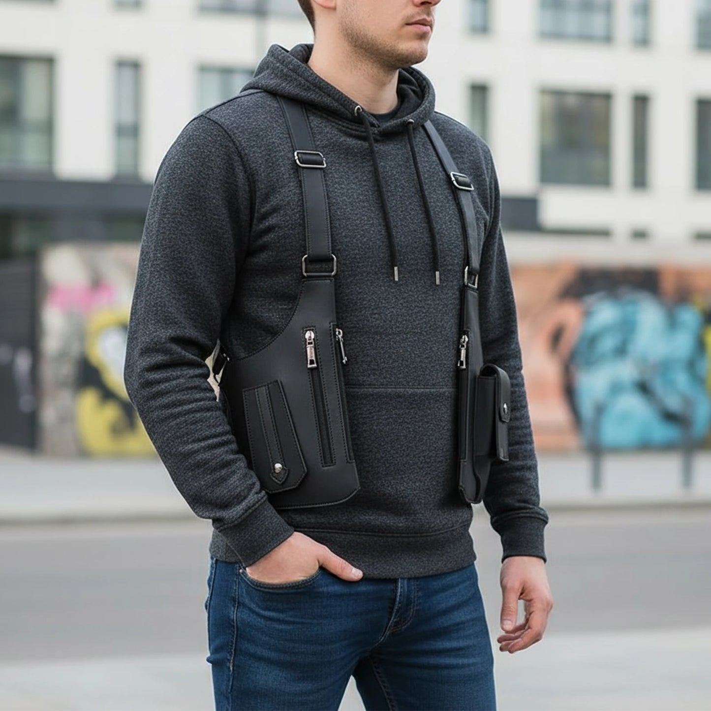 PU Leather Double Shoulder Armpit Bag Multi-Pocket Underarm Strap Wallet Pocket Anti-Theft for Men Women Travel Outdoors