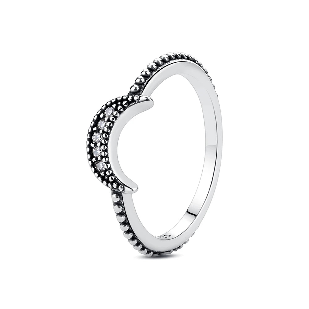 Original 925 Sterling Silver Rings Sun Moon Star Pave CZ Gold Color Stackable Ring For Women Engagement Gift Jewelry
