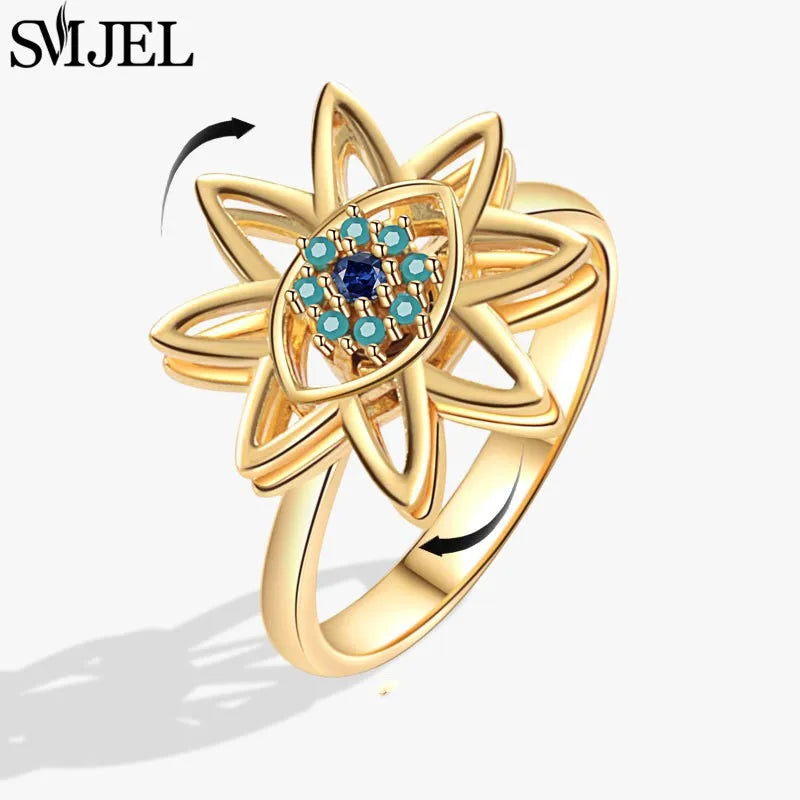 Bohemia Fidget Spinner Ring Anxiety for Women Multiple Crystal Flower Adjustable Open Rings Rotate Anti Stress Wedding Jewelry
