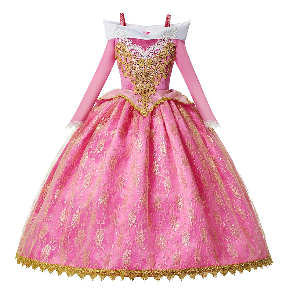 Girls Princess Dress Sleeping Beauty Aurora Cosplay Costume 2025 Kids Carnival Birthday Party Pink  Long Sleeve  Evening Dresses