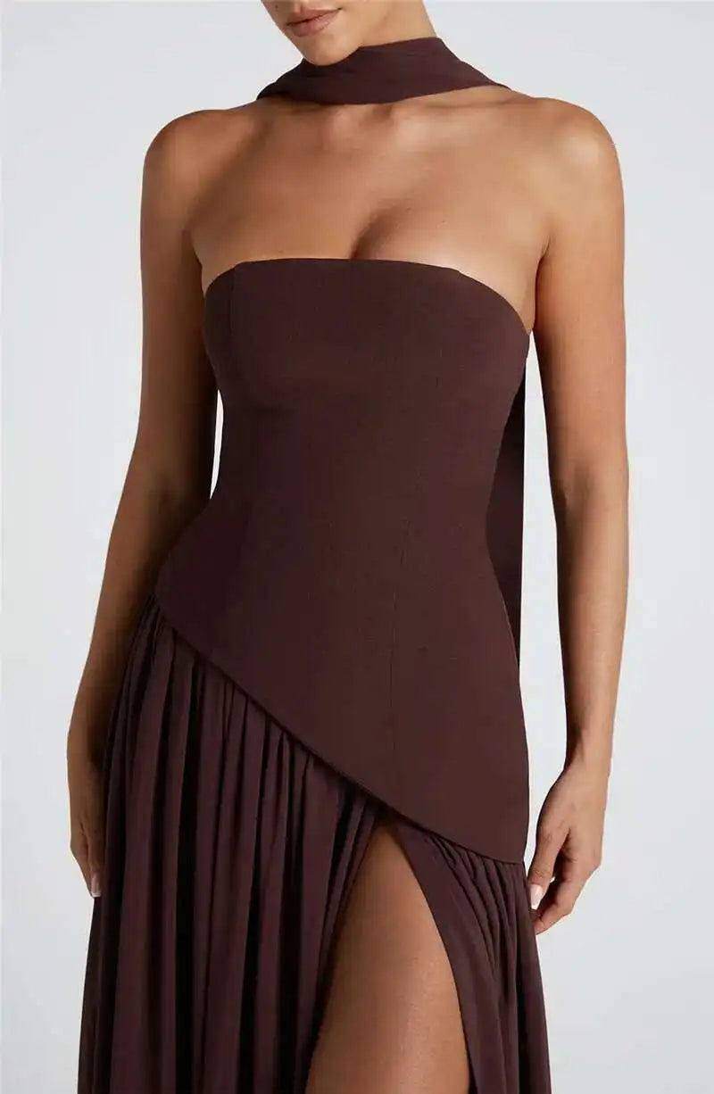 Elegant Off-shoulder Strapless Sexy Summer Party Women Gown Patchwork Pleat Scarf Neck Holiday Evening High Split Long Dresses
