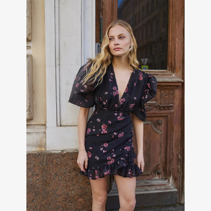 Elegant Print Low-cut Ruffle Short Dress Women V-neck Short-sleeved Waist Cinching Pleated Mini Dresses Casual Party Vestidos