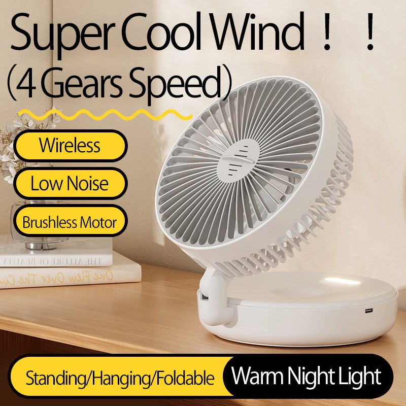 Rechargeable 3-in-1 Portable Fan with Night Light — Wall Mount, 90° Fold, 4 Speeds