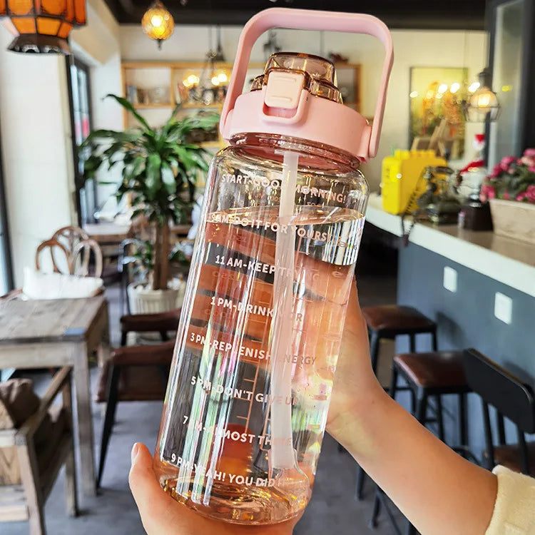 2-Litre Large Capacity Sports Water Bottle with Straw – Time Marker Fitness Jug