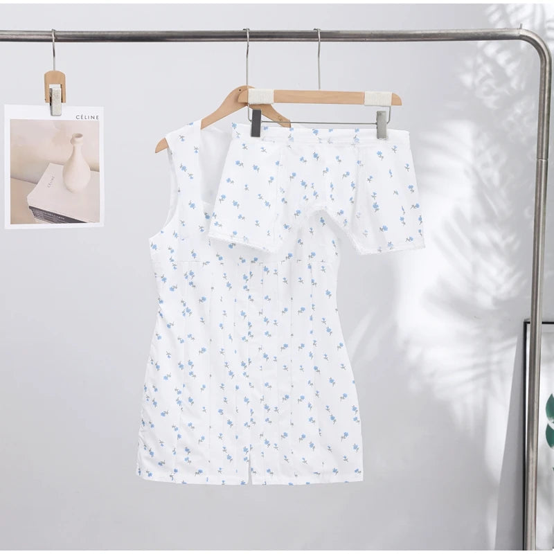 Elegant Printed Women's Dress Sleeveless Square Collar Waist-Closed Lady Mini Dresses With Waist Tape 2026 Summer Female Robe