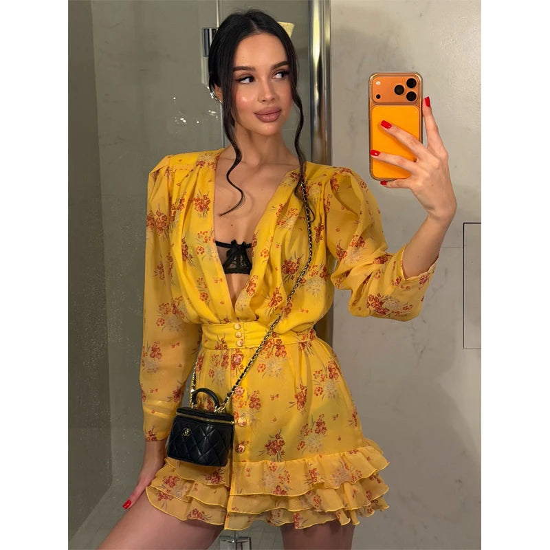 Elegant Print Low-cut Ruffle Short Dress Women V-neck Short-sleeved Waist Cinching Pleated Mini Dresses Casual Party Vestidos
