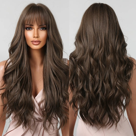 Brown Wavy Synthetic Wig with Bangs – Long Natural Heat Resistant Hair for Daily & Cosplay