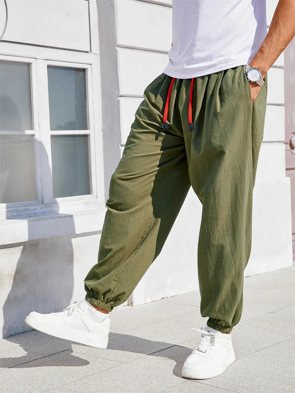 Men's Harem Pants Loose Fit Chinese Style Cotton Linen Solid Color Cozy Sweatpants Joggers High Quality Male Casual Trousers