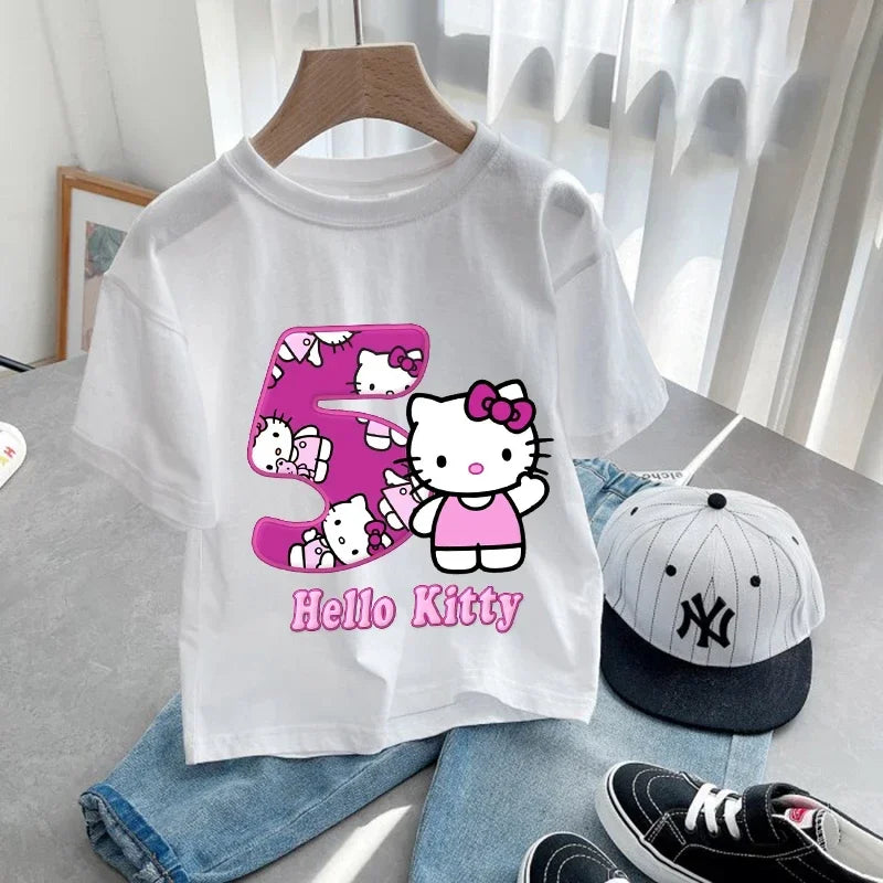 Hello Kitty Children Birthday Number 1-9 T-shirt Party Supply Gift Sanrio Cartoon Clothes Baby Tops Summer Short Sleeve T-shirts