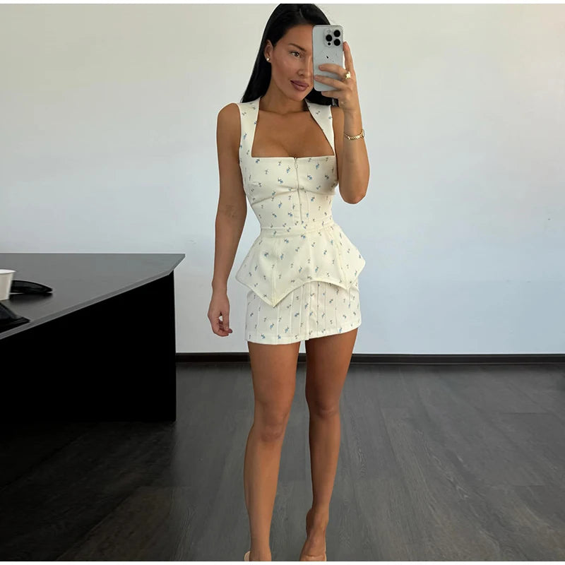 Elegant Printed Women's Dress Sleeveless Square Collar Waist-Closed Lady Mini Dresses With Waist Tape 2026 Summer Female Robe
