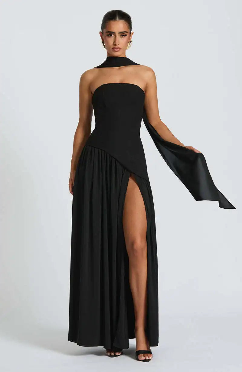Elegant Off-shoulder Strapless Sexy Summer Party Women Gown Patchwork Pleat Scarf Neck Holiday Evening High Split Long Dresses