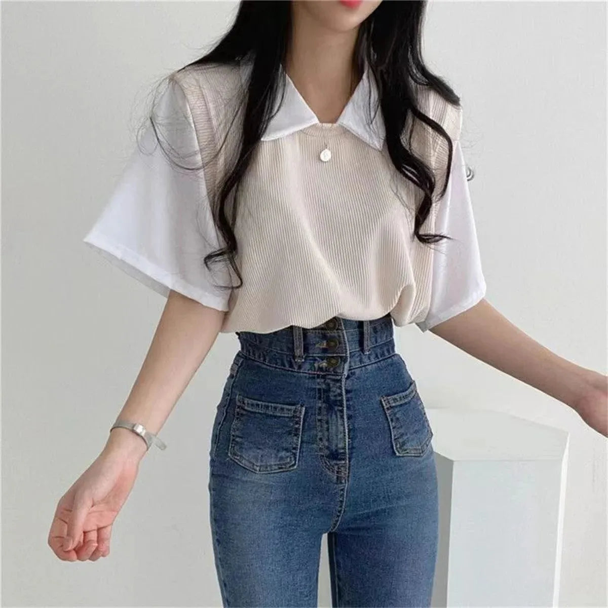 Women's Korean Style Polo Collar Blouse – Y2K False Two-Piece Loose Streetwear Top