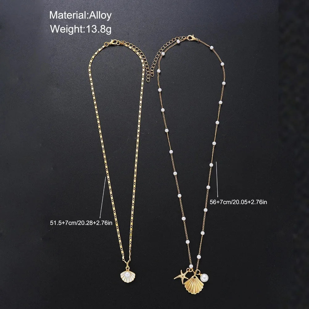 2-Piece Boho Gold Shell & Starfish Layered Necklace Set – Pearl Chain Women's Jewellery