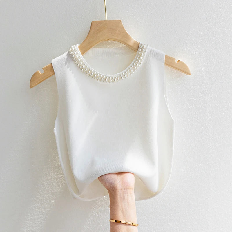 Korean Knitted Beaded Sleeveless Vest Top – Women's Casual Summer Fashion