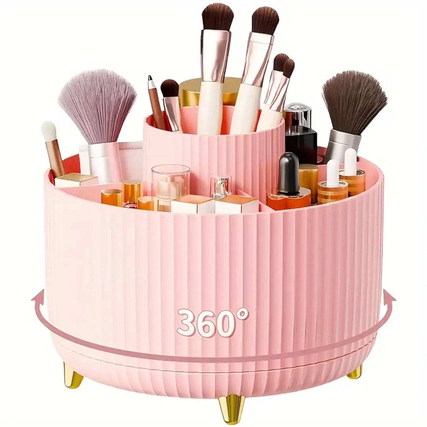 360° Rotating Makeup Organiser – 5-Compartment Cosmetic Storage for Brushes