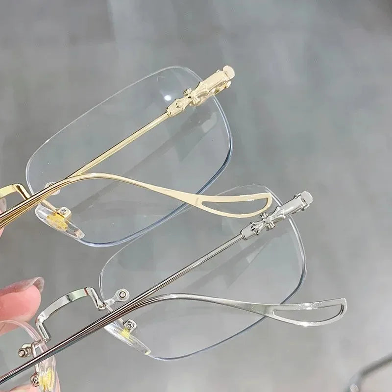 Square Rimless Eyeglasses Women Men Blue Light Blocking Glasses Designer Retro Shade Eyewear UV400 Silver Computer Glasses