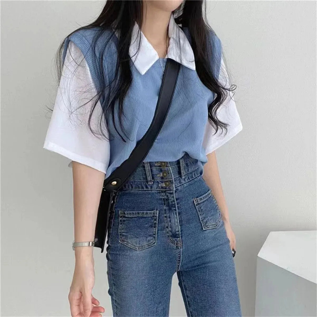 Women's Korean Style Polo Collar Blouse – Y2K False Two-Piece Loose Streetwear Top