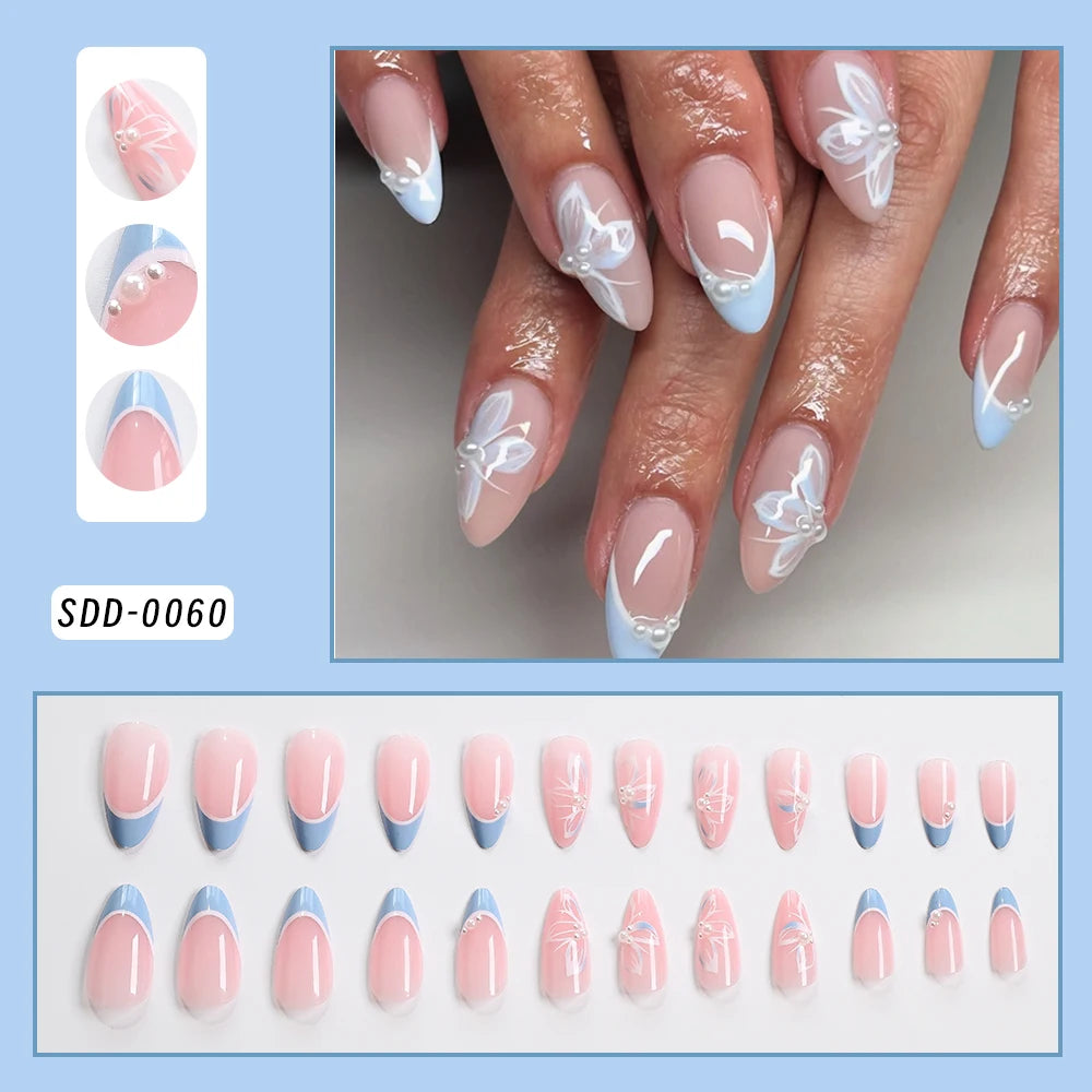 24Pcs White French Press On Nails 3D Bow Design Full Cover Wearable False Nails Short Square Head Ballet Fake Nails 2030