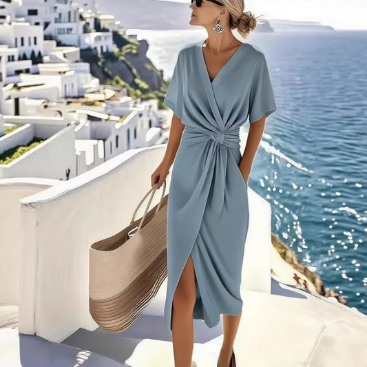 Women Dresses 2026 new fashion solid color wrapped lace-up V neck slit knot mid-calf dresses women's clothing vestidoes