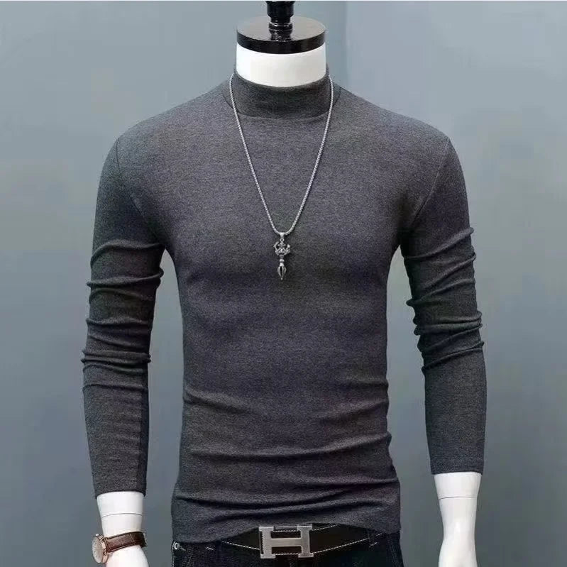 Fashion Men's Oversize High Collar Long Sleeves Autumn Winter Pure Thermal Shirt for Men Layering Stylish T-Shirt