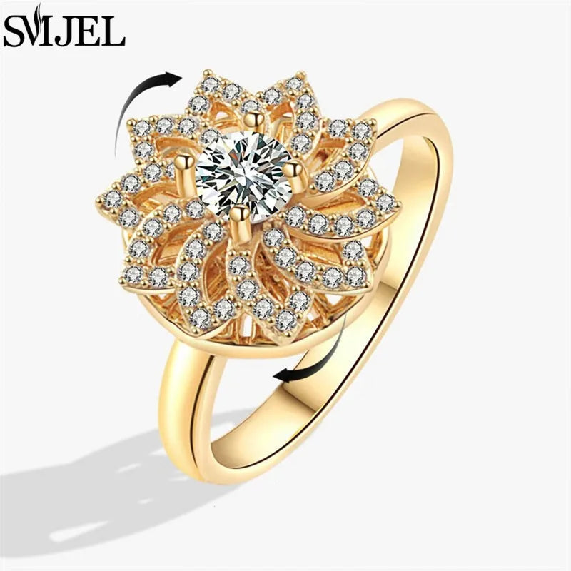 Bohemia Fidget Spinner Ring Anxiety for Women Multiple Crystal Flower Adjustable Open Rings Rotate Anti Stress Wedding Jewelry