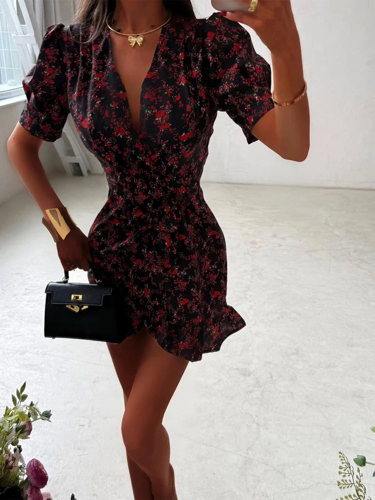 Elegant Print Low-cut Ruffle Short Dress Women V-neck Short-sleeved Waist Cinching Pleated Mini Dresses Casual Party Vestidos