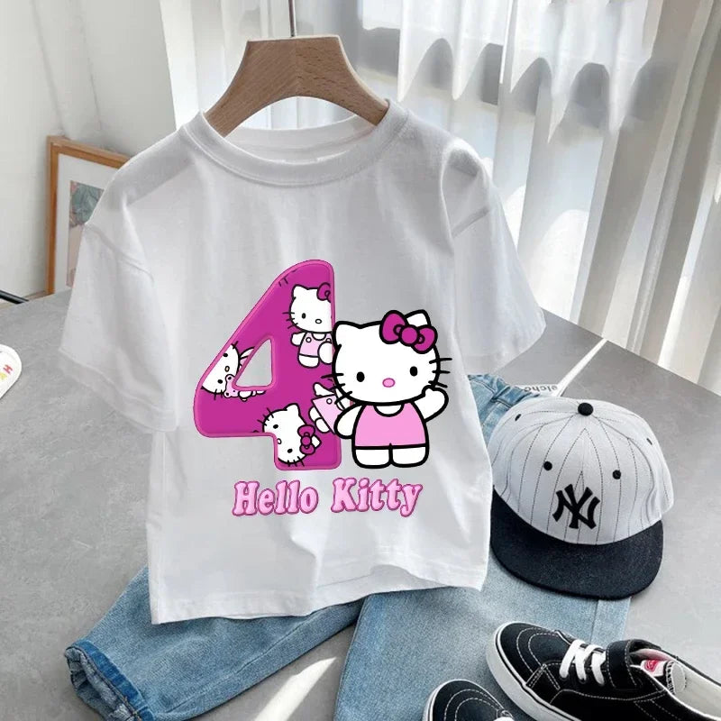Hello Kitty Children Birthday Number 1-9 T-shirt Party Supply Gift Sanrio Cartoon Clothes Baby Tops Summer Short Sleeve T-shirts