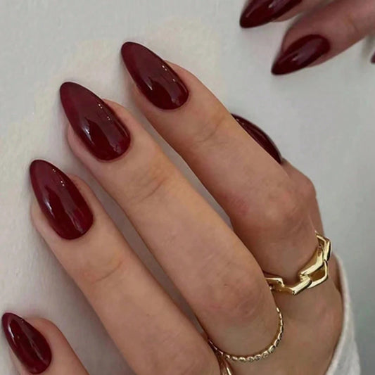 24-Piece Wine Red Almond Press-On Nails – Mid-Length Full Cover False Nail Tips