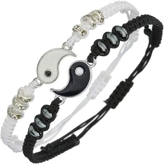 2-Piece Couple Tai Chi Bracelet Set – Adjustable Rope Chain Black & White Jewellery