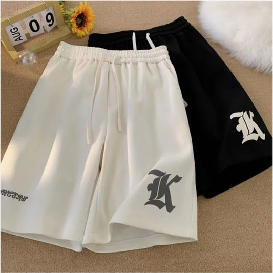 8XL Oversized Gothic Alphabet Print Beach Shorts – American Retro Streetwear