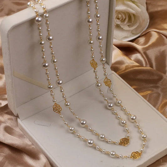Vintage Camellia Pearl Double-Layer Long Necklace for Women