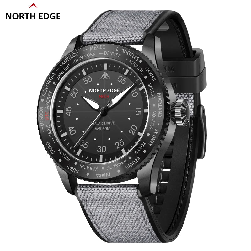 NORTH EDGE MACH Solar Power Quartz watch Men Waterproof 50M Men's Pilot Sports Wristwatches Luminous Enviormentally Clock