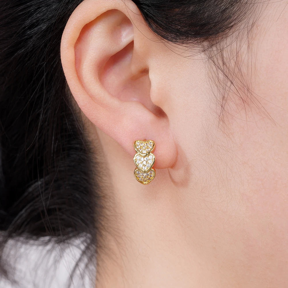 Huitan Gold Color Heart Hoop Earrings Full Paved Dazzling CZ Dainty Exquisite Women's Ear Earrings Bridal Wedding Love Jewelry
